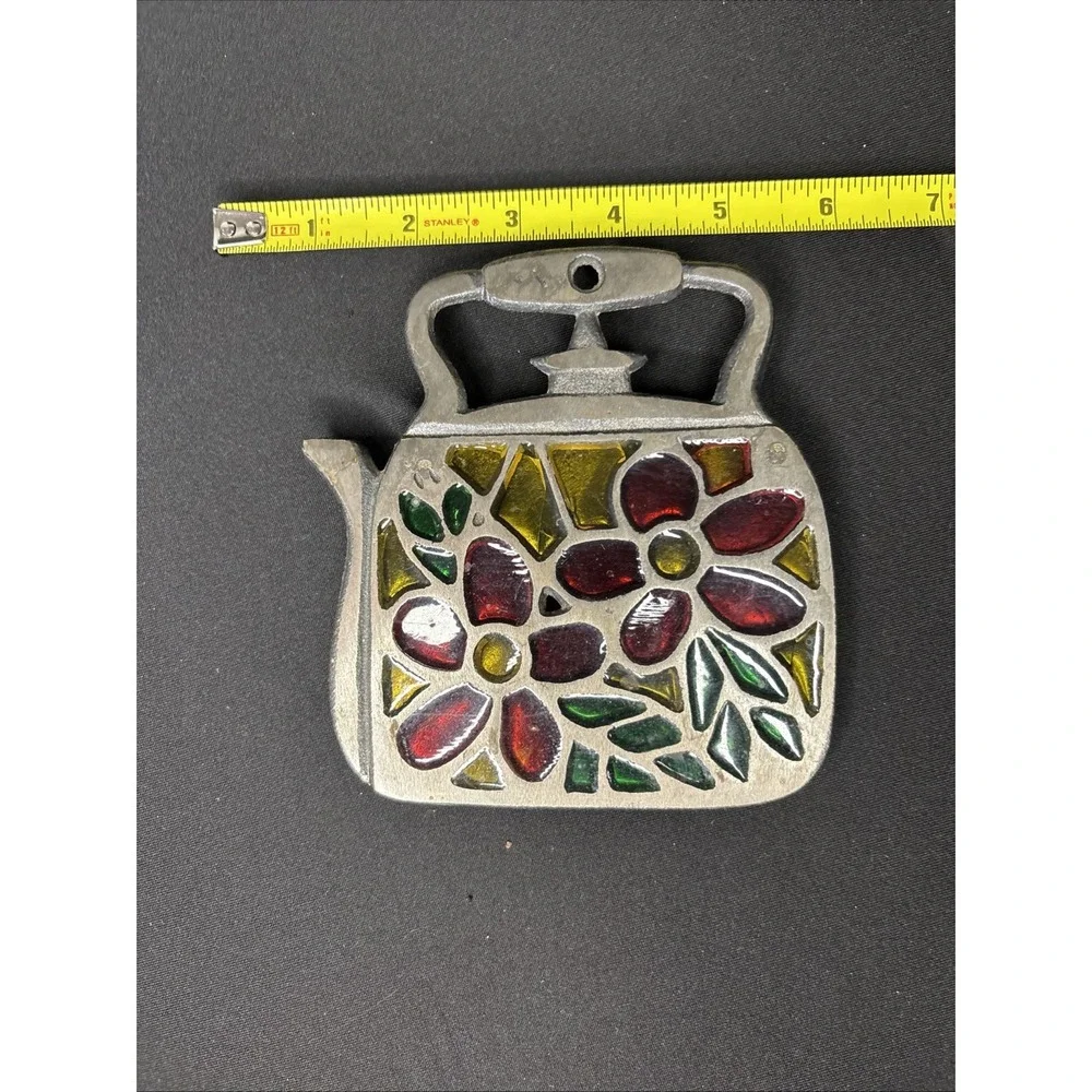 Vintage Cast Iron/Stained Glass Trivet‎ For Tea Kettle w/Flowers